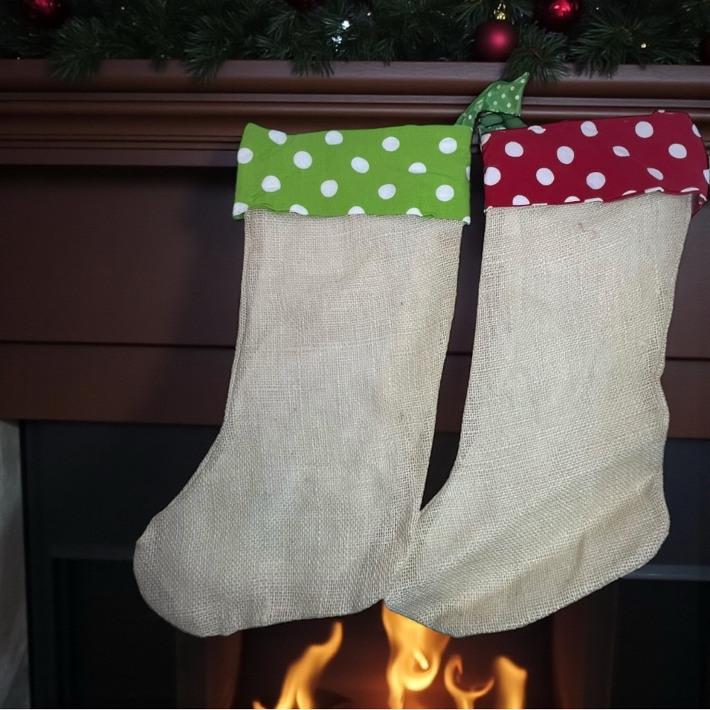 2 Christmas Stockings with green & red polka dots Trim burlap hand crafted lined